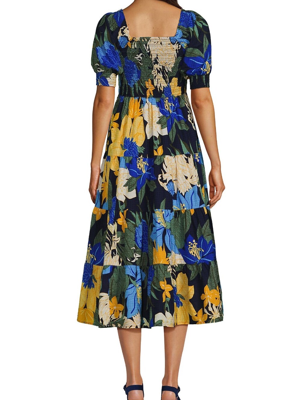 Land's End Smocked Cotton Dobby Midi Puff Sleeve Dress Navy Floral, XS, Coastal - Picture 2 of 10